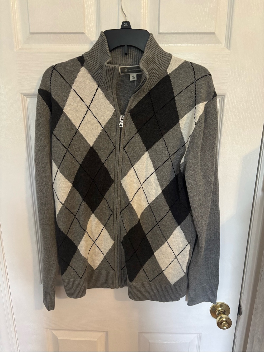 INC International Concepts Gray Argyle Zip-Up Sweater